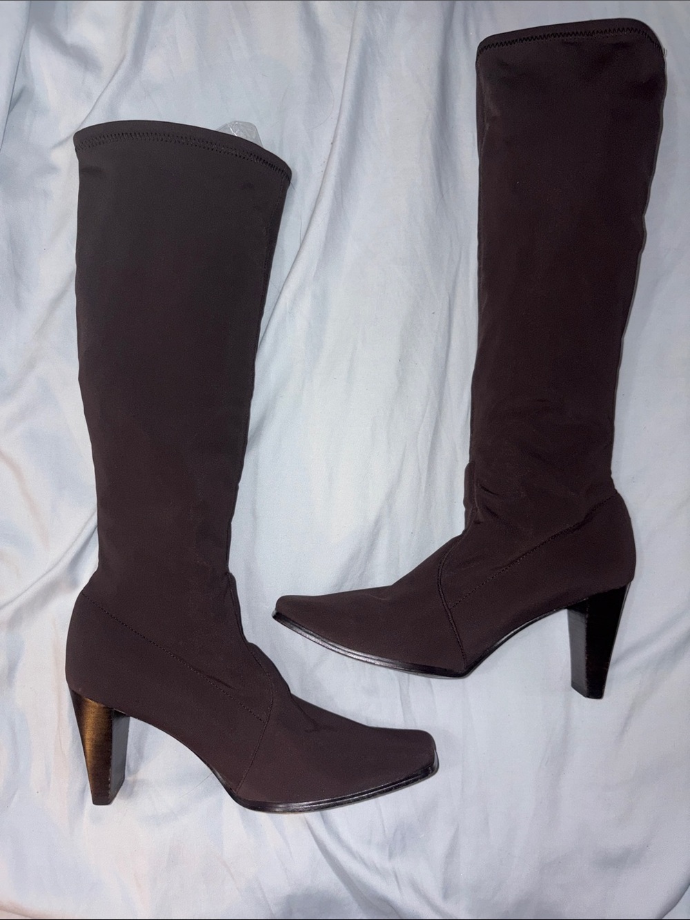 Vintage Y2K Square Toe Block Heel Knee High Stretch Sock Boots- Chocolate Brown